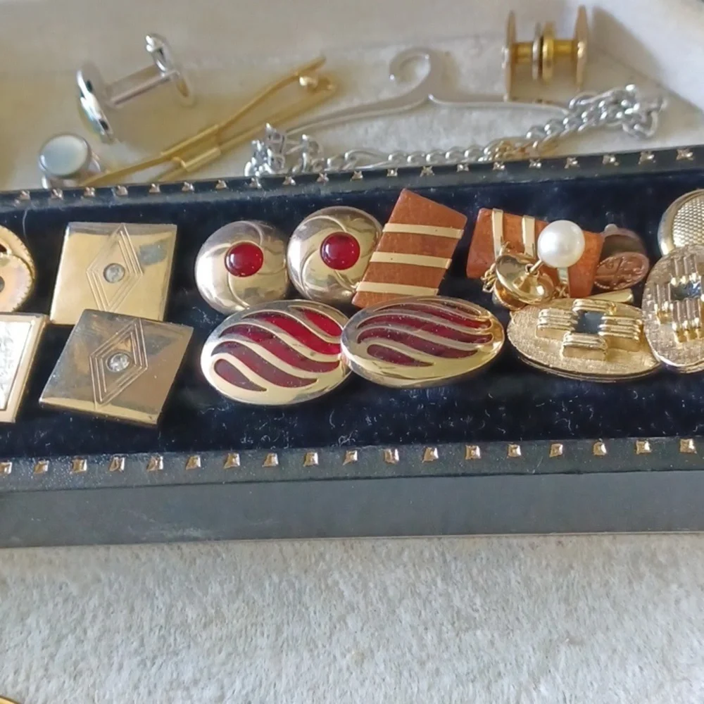 Vintage Cufflinks and Tie Clips, including storage box